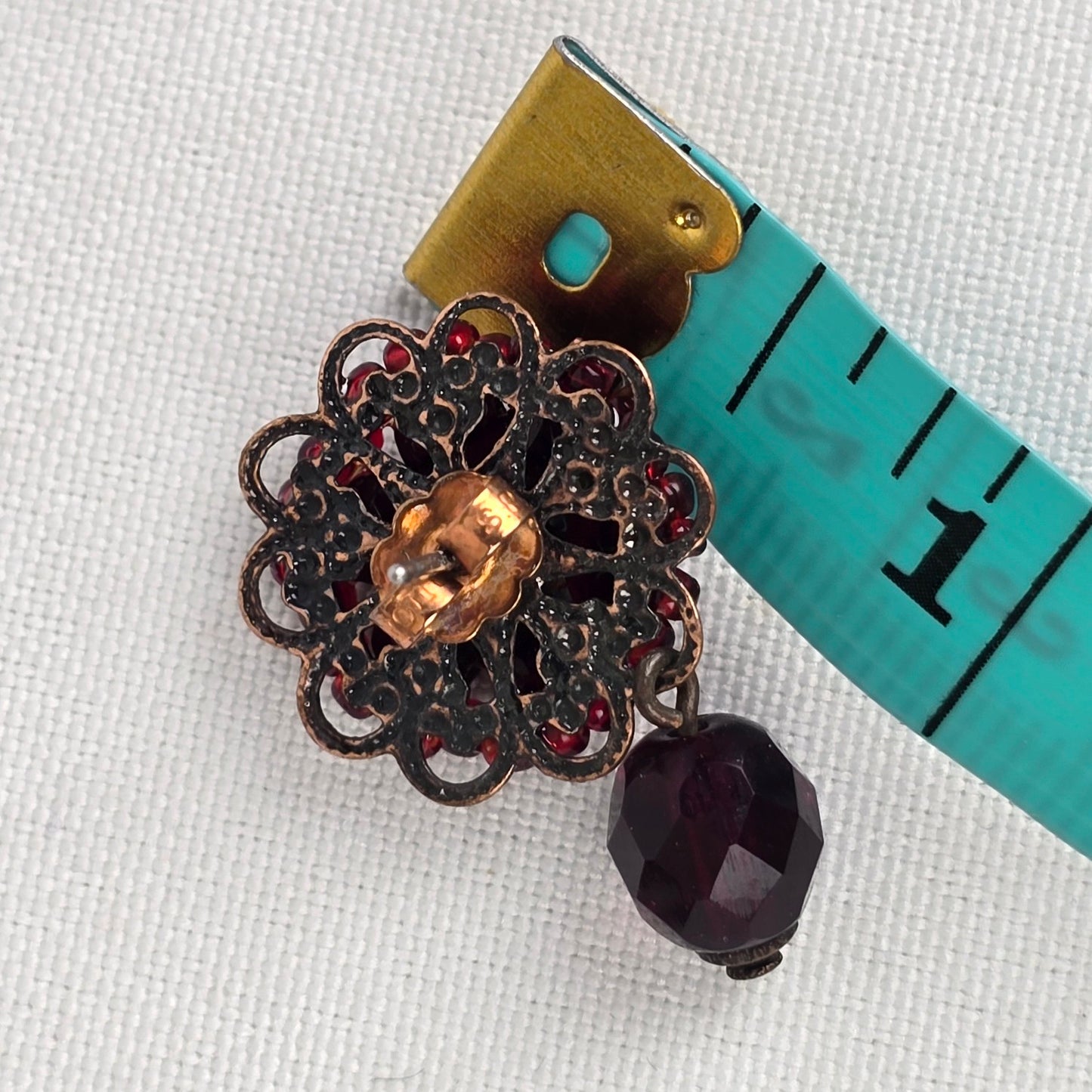 Vintage Red Beaded Flower Drop Earrings