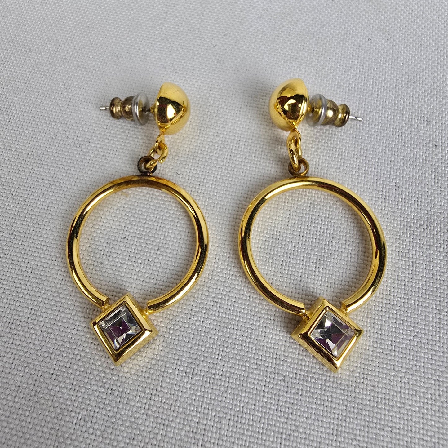 Vintage 80s Gold Tone Crystal Drop Earrings