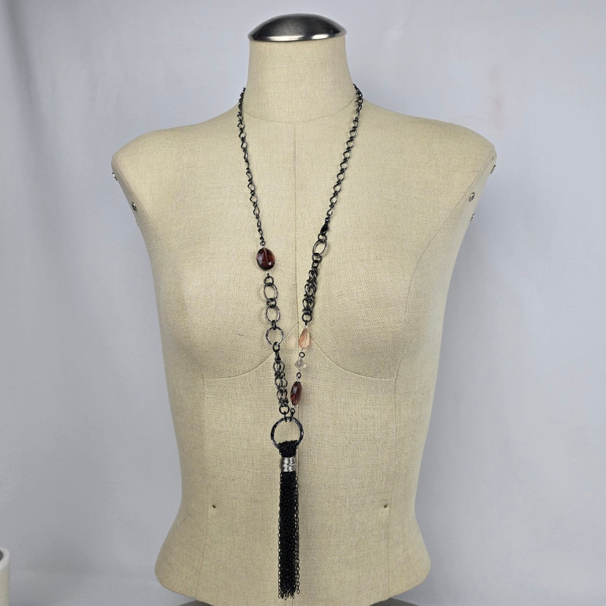 Black Chain Tassel Purple Bead Long Necklace
