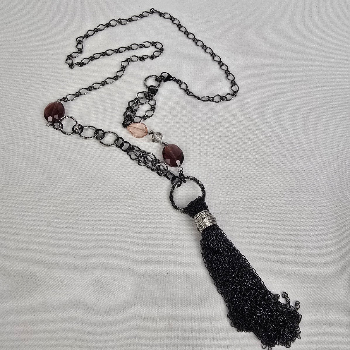 Black Chain Tassel Purple Bead Long Necklace