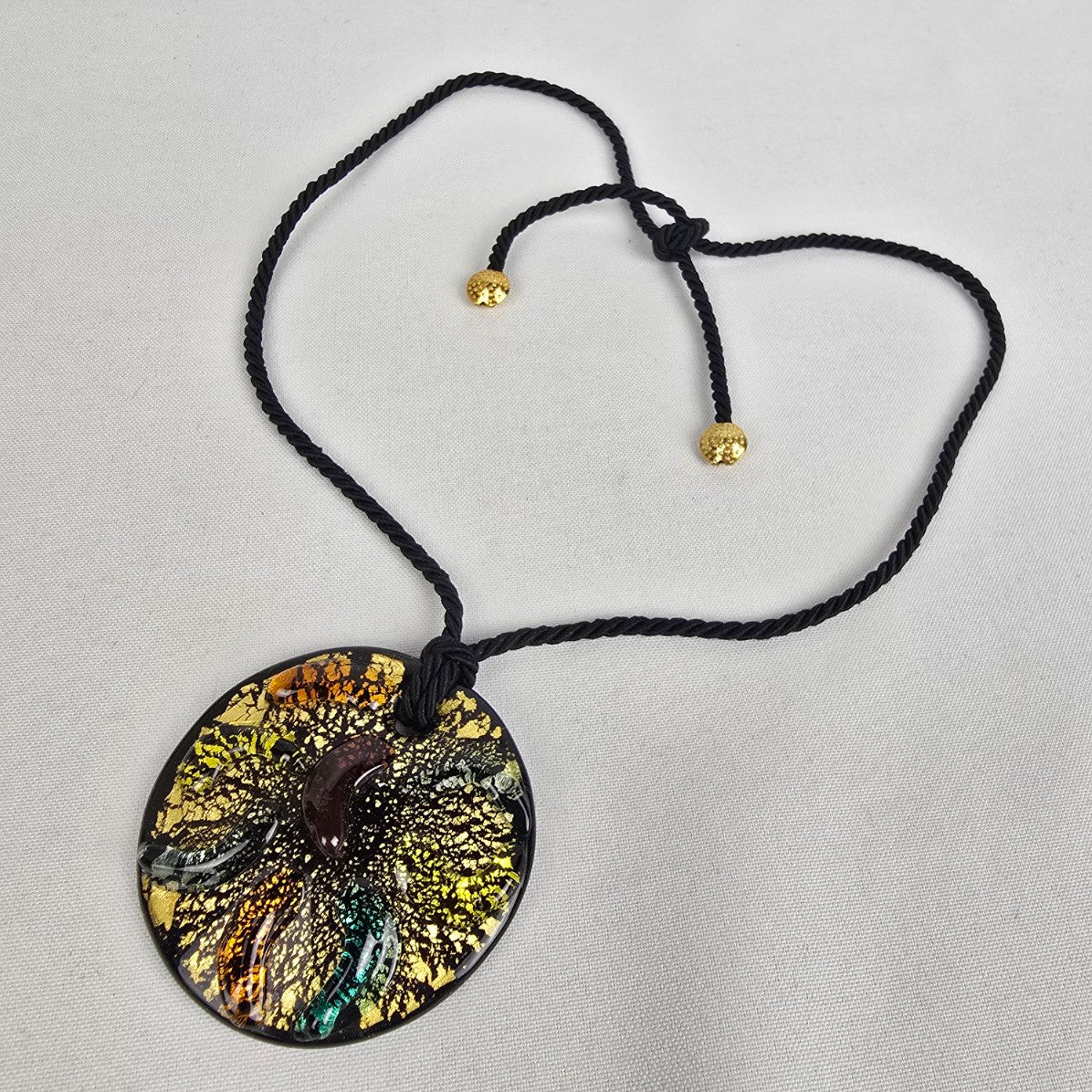 Black & Gold Ceramic Pendant Black Cord Necklace