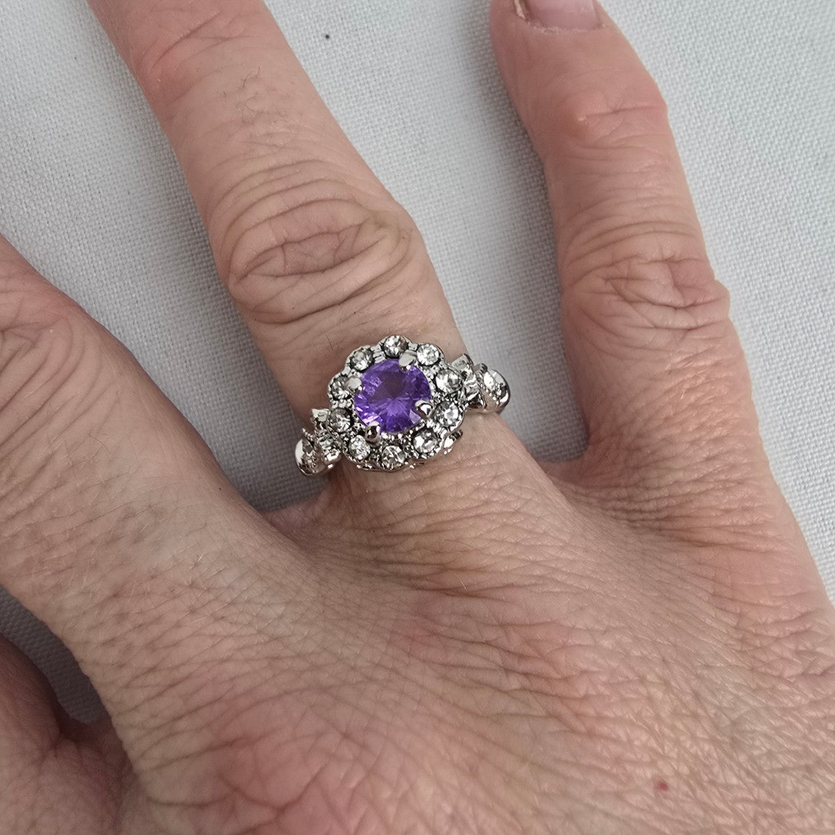 Silver & Purple Crystal Ring Size 6