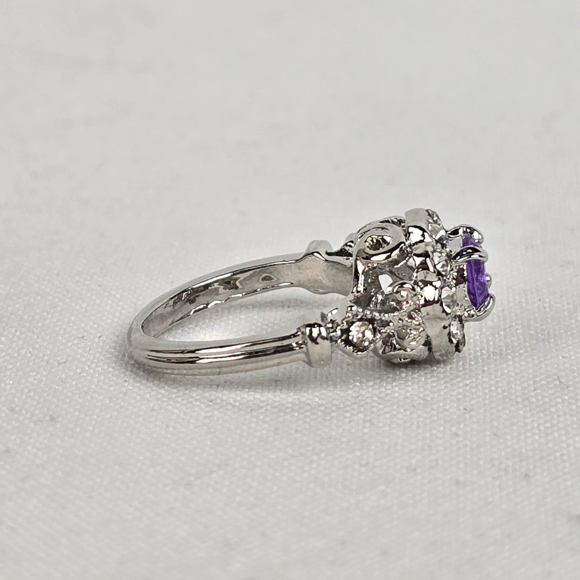 Silver & Purple Crystal Ring Size 6
