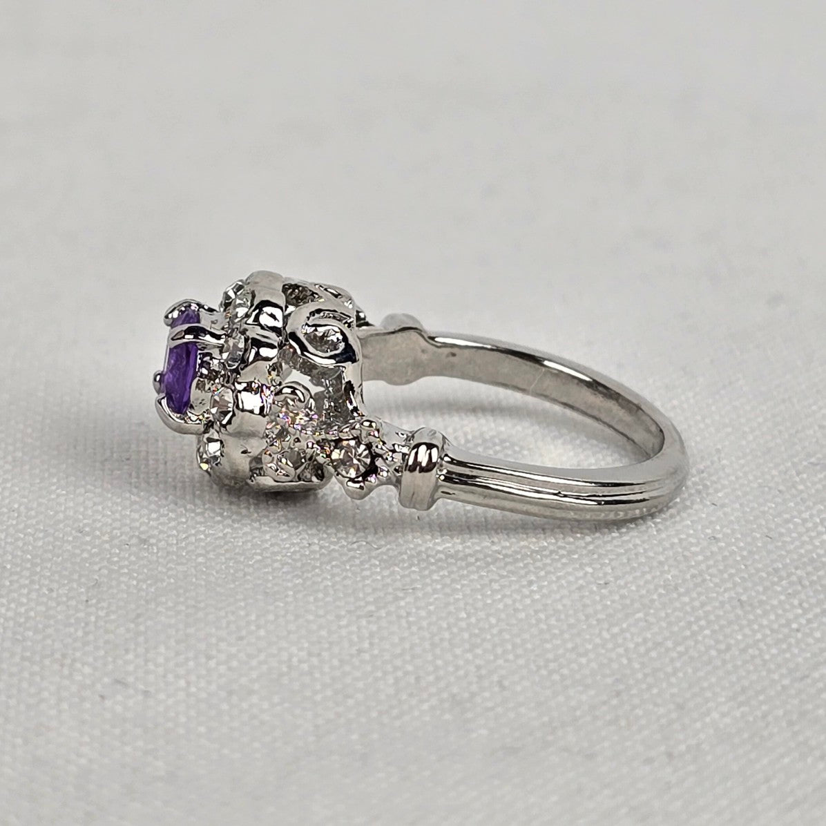 Silver & Purple Crystal Ring Size 6