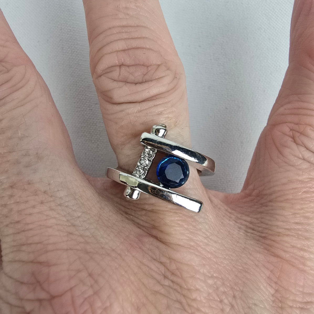 Blue Crystal Stone Silver Ring Size 8