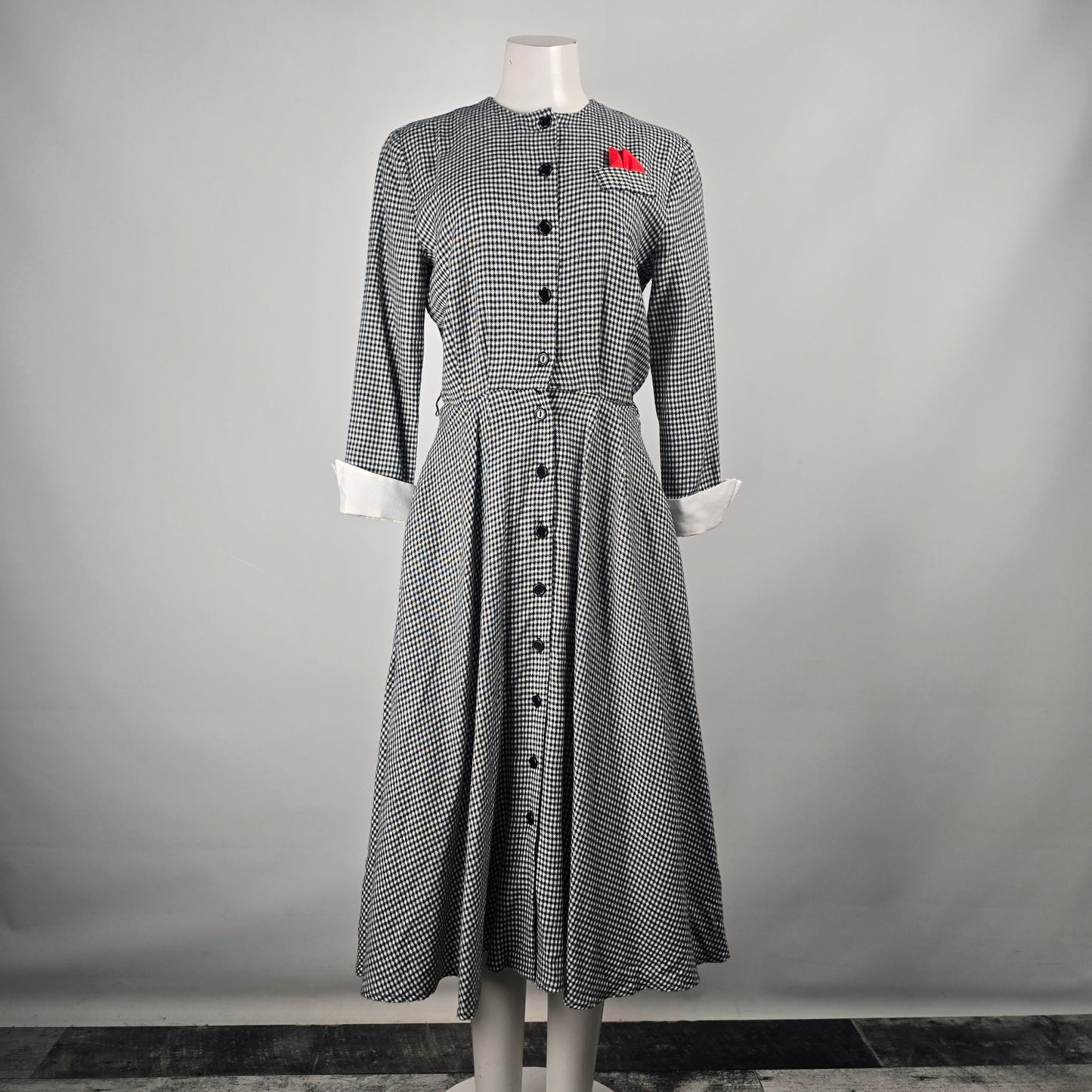 Vintage Algo Ettes Black Hounds Tooth Long Sleeve Button Up Midi Dress Size S/M