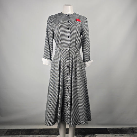 Vintage Algo Ettes Black Hounds Tooth Long Sleeve Button Up Midi Dress Size S/M