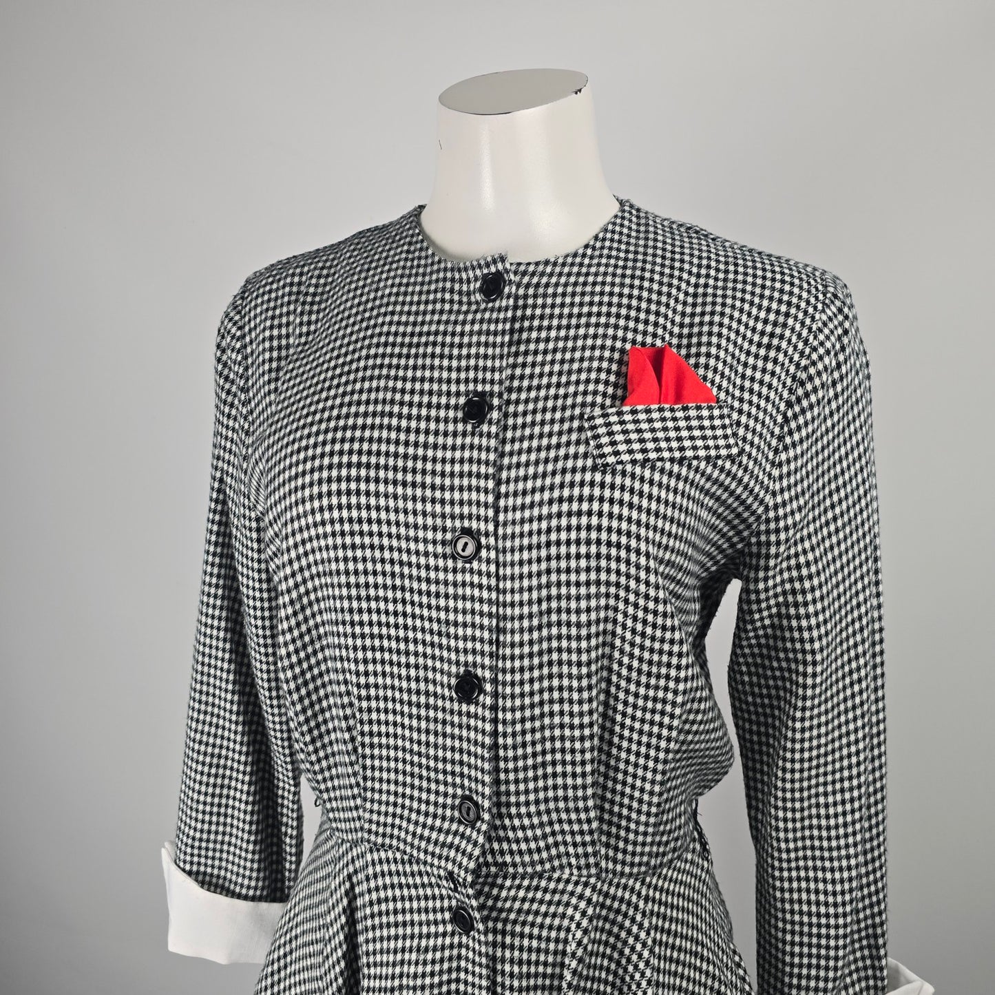 Vintage Algo Ettes Black Hounds Tooth Long Sleeve Button Up Midi Dress Size S/M
