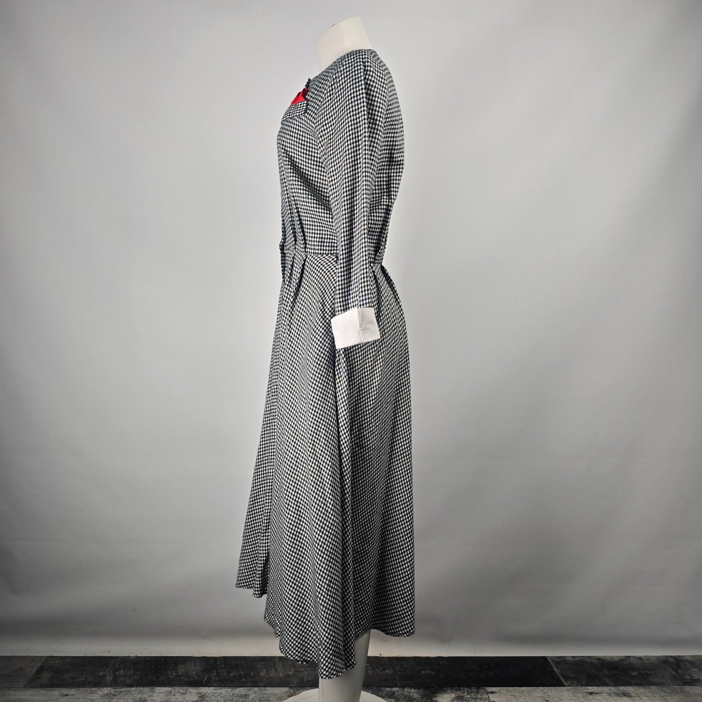 Vintage Algo Ettes Black Hounds Tooth Long Sleeve Button Up Midi Dress Size S/M