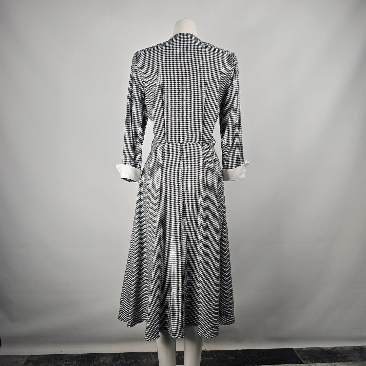 Vintage Algo Ettes Black Hounds Tooth Long Sleeve Button Up Midi Dress Size S/M