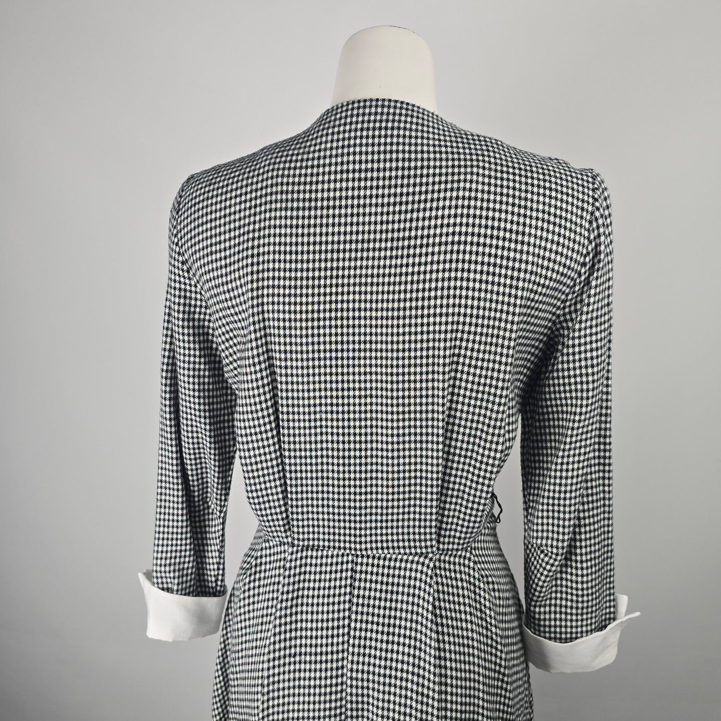 Vintage Algo Ettes Black Hounds Tooth Long Sleeve Button Up Midi Dress Size S/M