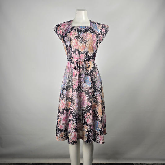 Vintage Black Floral Fit & Flare Dress & Cardigan Size XS