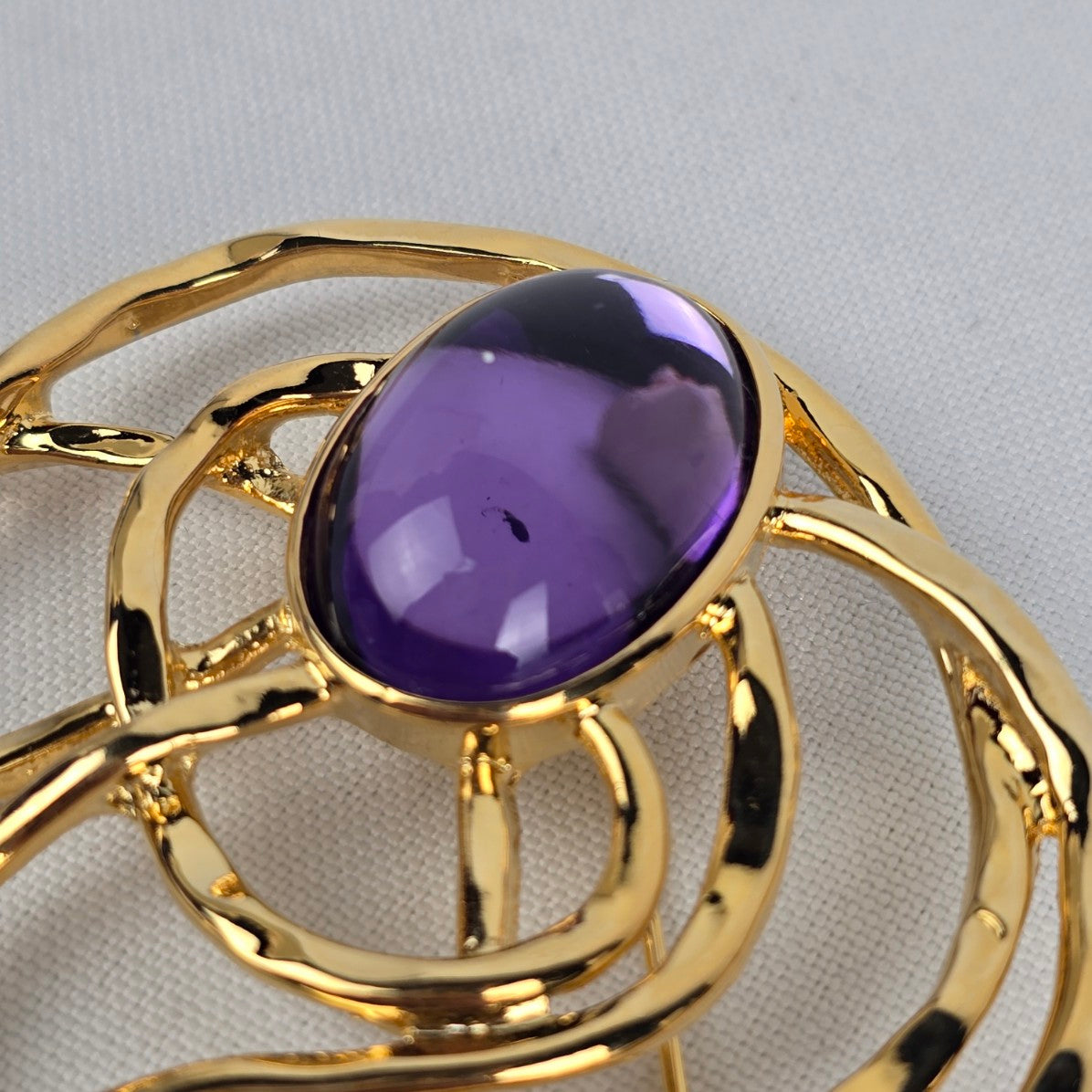 Vintage Gold Tone Purple Glass Oversize Brooch