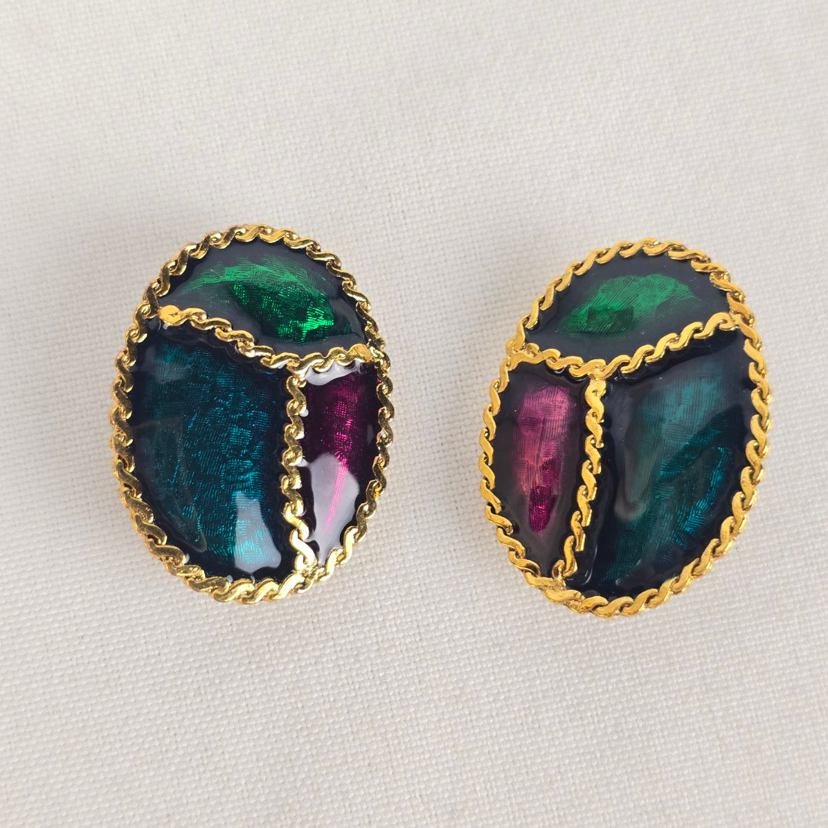 Vintage Purple & Green Enamel Brooch & Clip On Earrings