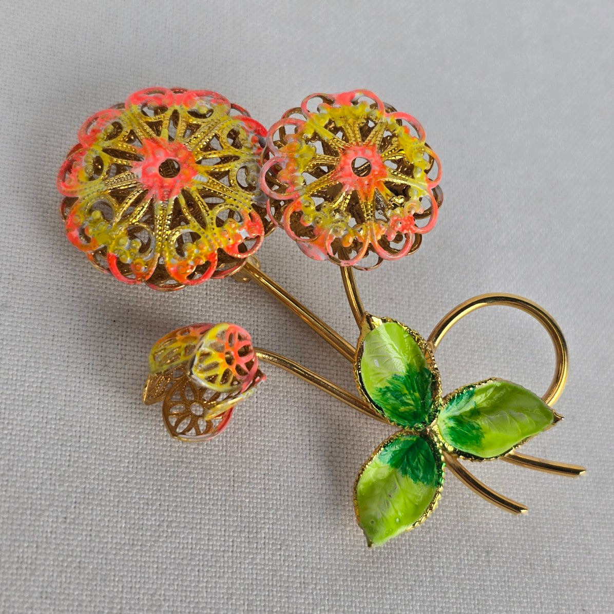 Vintage Prestige Pink Enamel Flower Brooch & Clip On Earrings Set