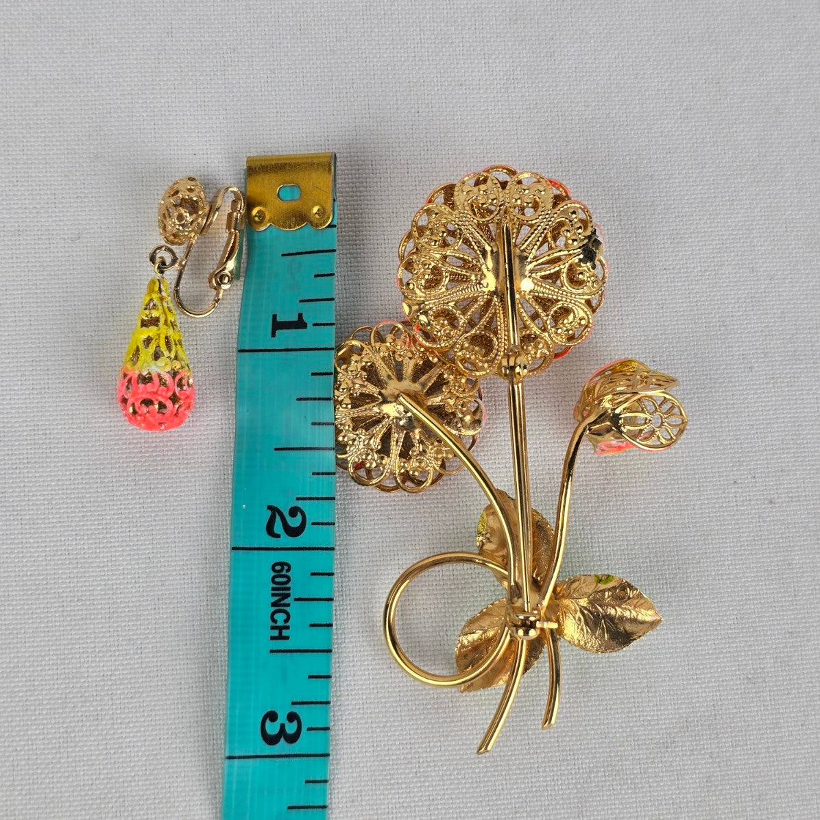 Vintage Prestige Pink Enamel Flower Brooch & Clip On Earrings Set