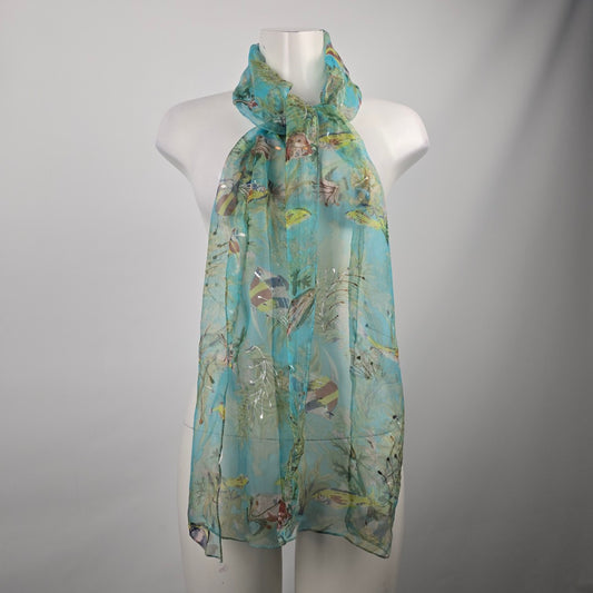 Aqua Blue Tropical Fish Print Scarf