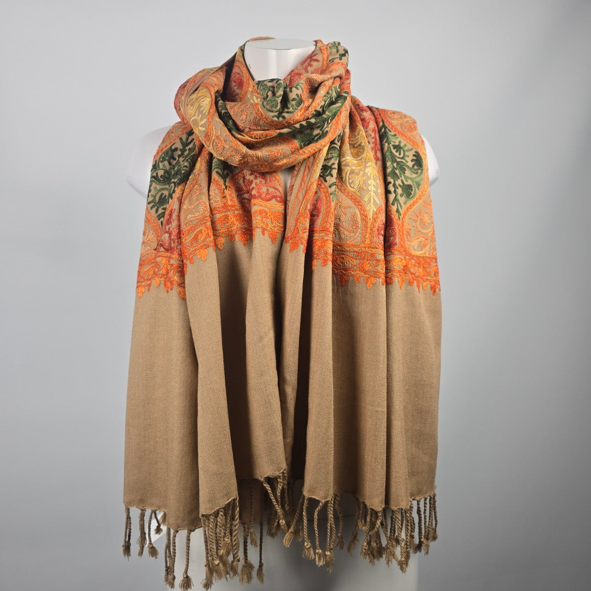 Pashmina Brown & Orange Embroidered Scarf Shawl