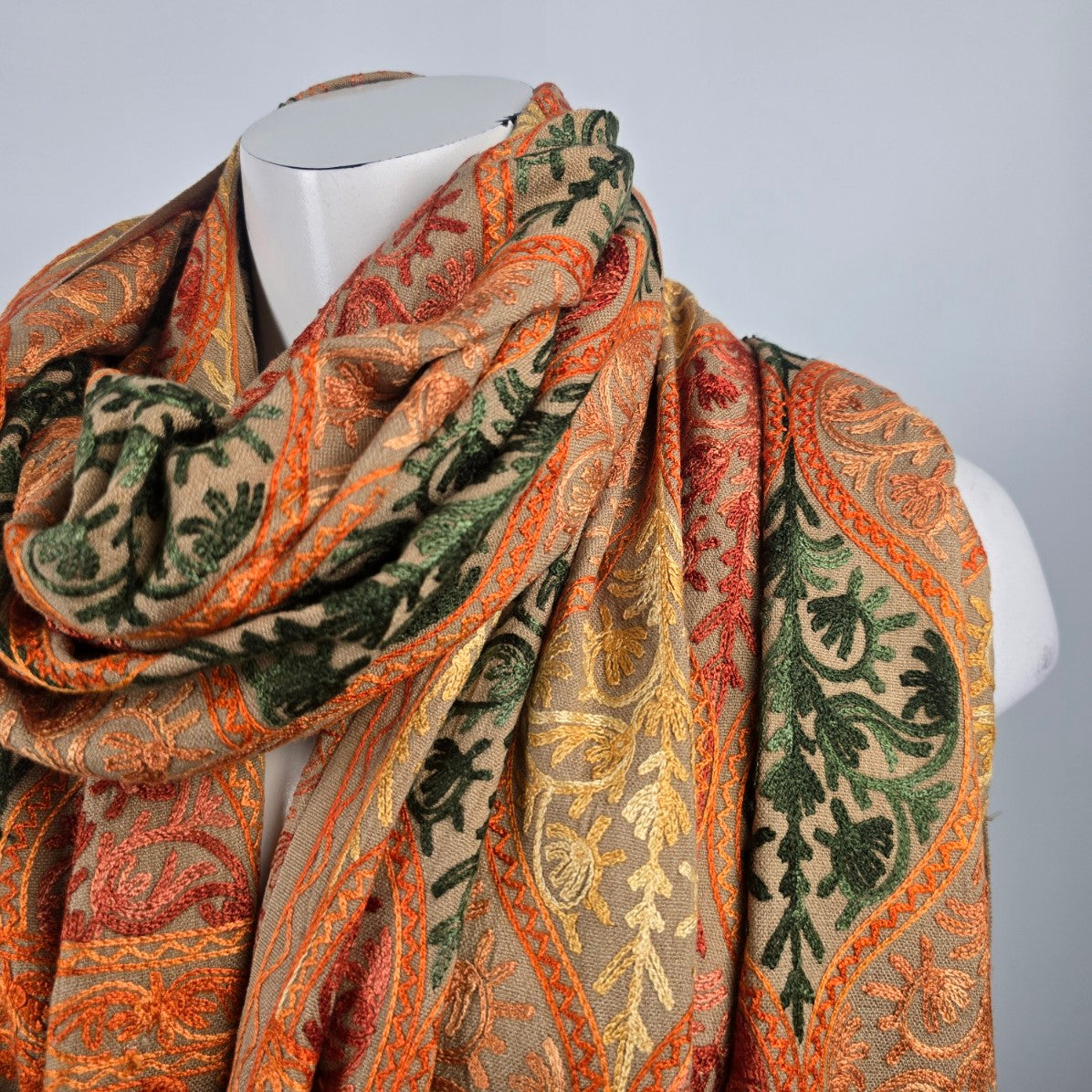 Pashmina Brown & Orange Embroidered Scarf Shawl