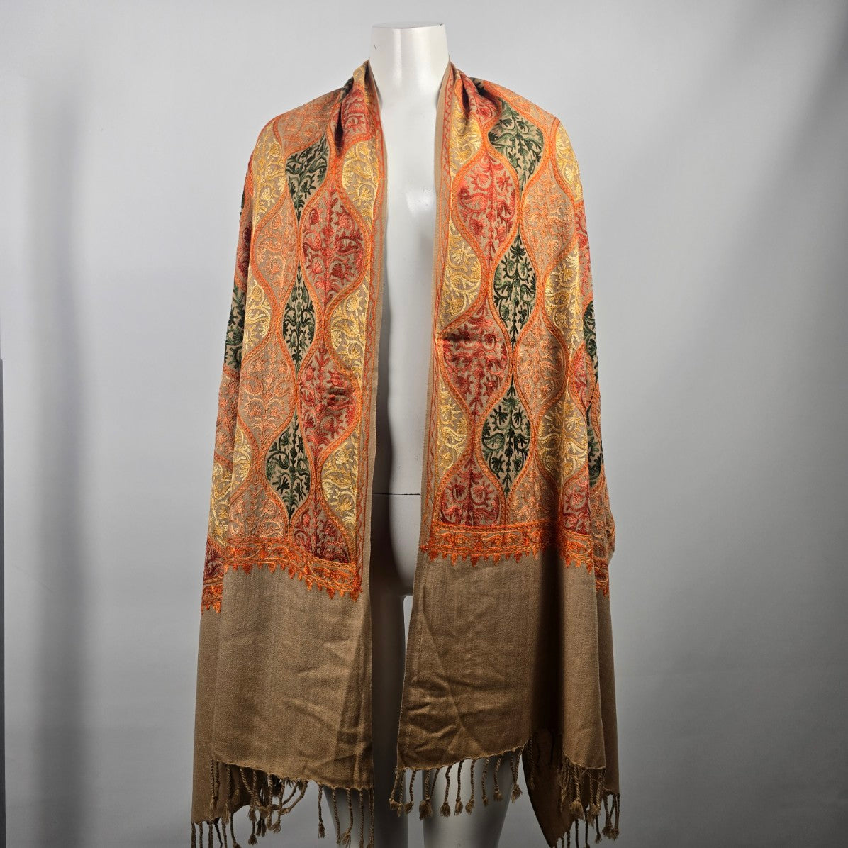 Pashmina Brown & Orange Embroidered Scarf Shawl