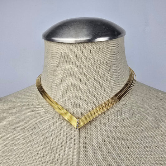 Vintage Gold Tone Wire Crystal Rhinestone Choker Necklace