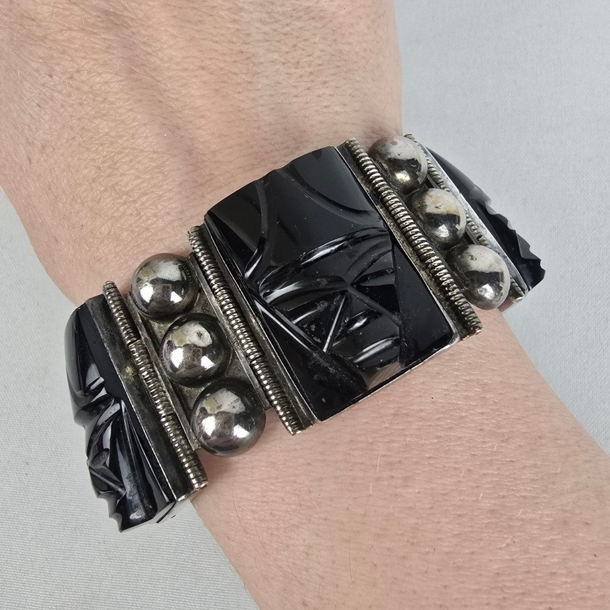 Vintage Sterling Silver Mexican Onyx Bracelet