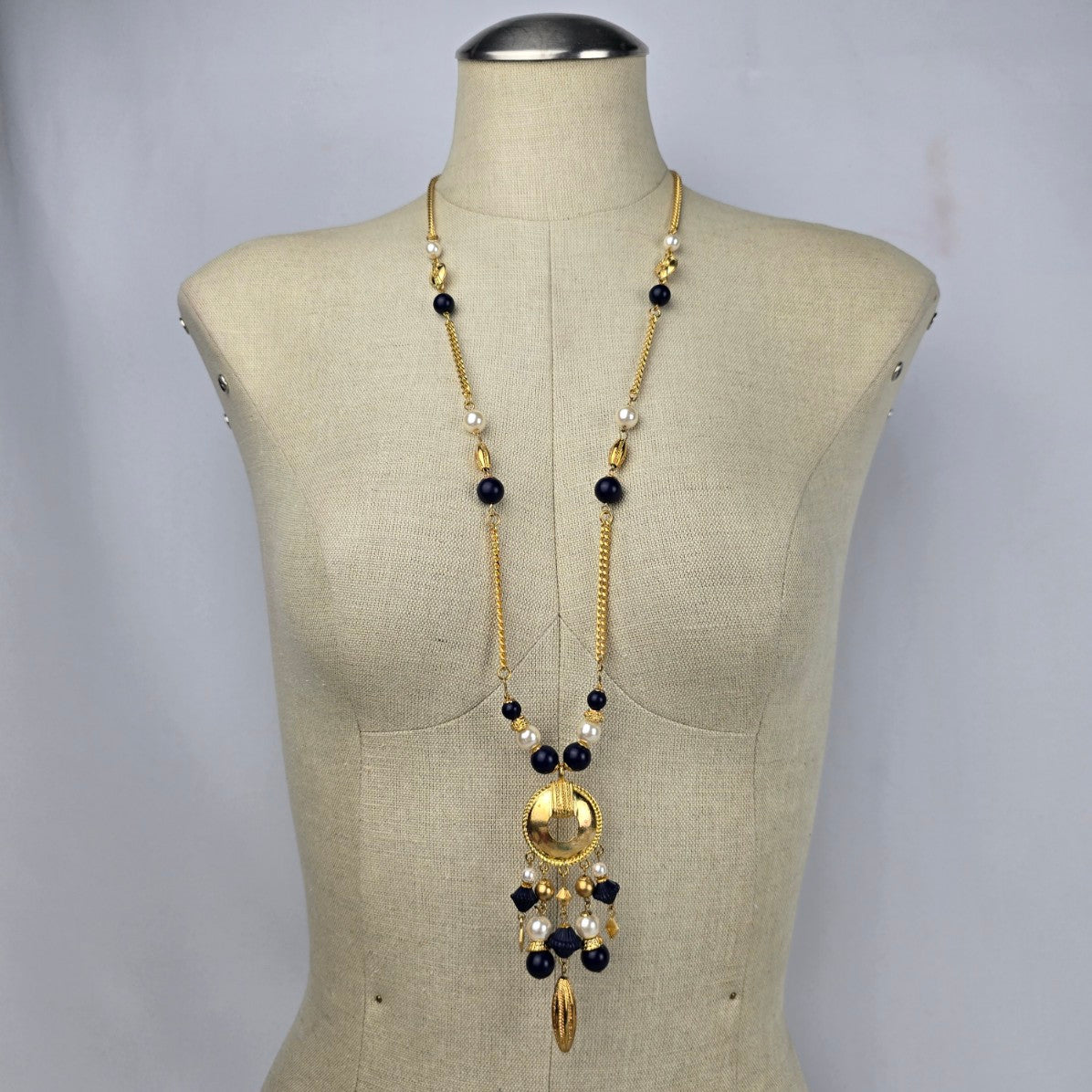 Vintage Gold Tone Navy Beaded Tassel Pendant Long Necklace & Earring Set
