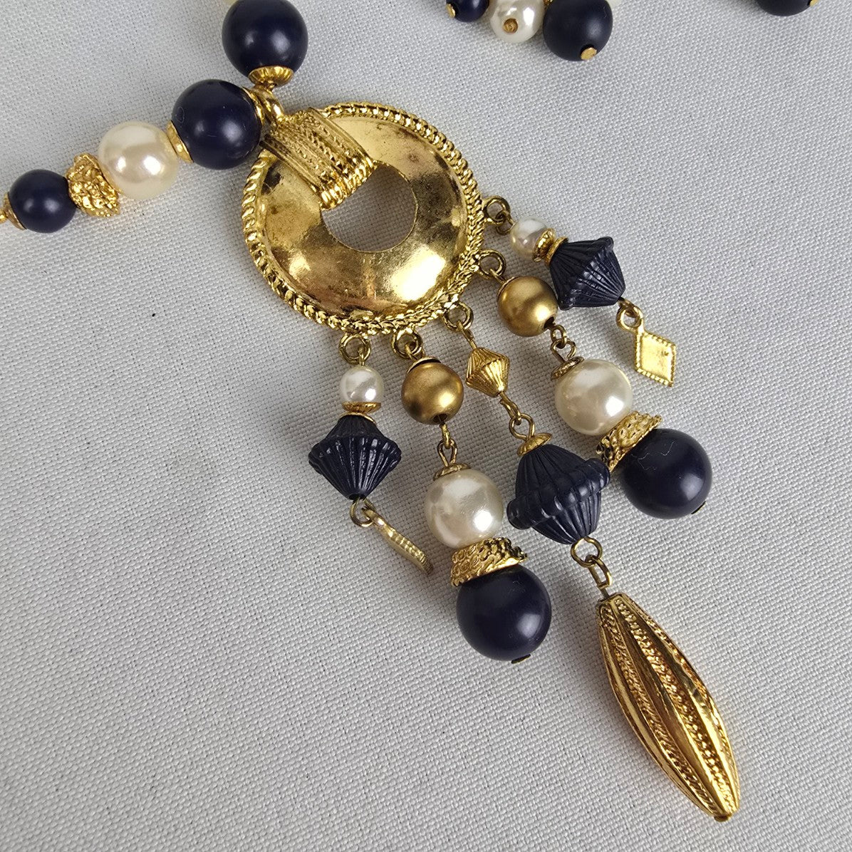 Vintage Gold Tone Navy Beaded Tassel Pendant Long Necklace & Earring Set