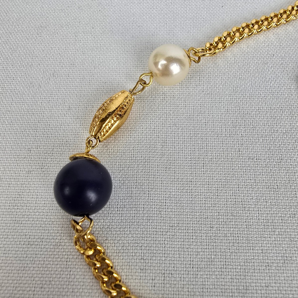 Vintage Gold Tone Navy Beaded Tassel Pendant Long Necklace & Earring Set