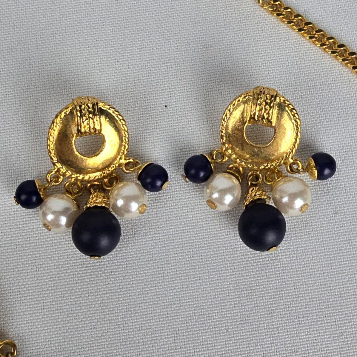 Vintage Gold Tone Navy Beaded Tassel Pendant Long Necklace & Earring Set