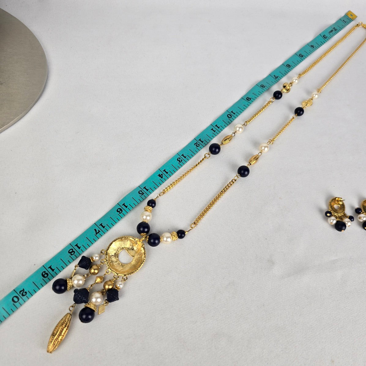 Vintage Gold Tone Navy Beaded Tassel Pendant Long Necklace & Earring Set