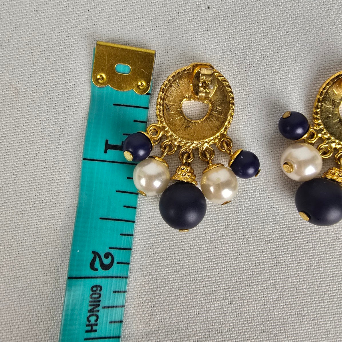 Vintage Gold Tone Navy Beaded Tassel Pendant Long Necklace & Earring Set