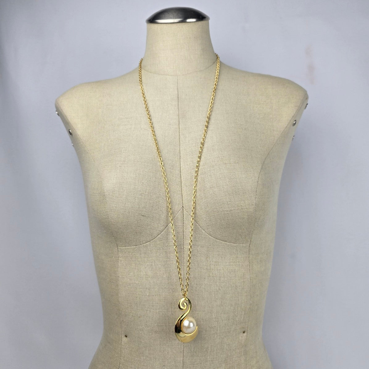 Vintage Gold Tone S Initial Faux Pearl Pendant Long Necklace