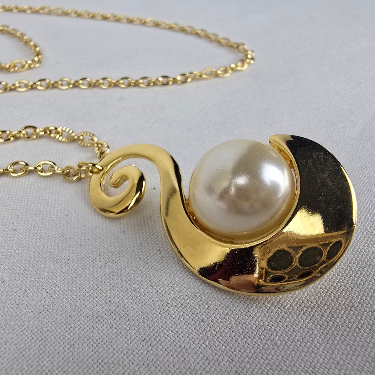 Vintage Gold Tone S Initial Faux Pearl Pendant Long Necklace