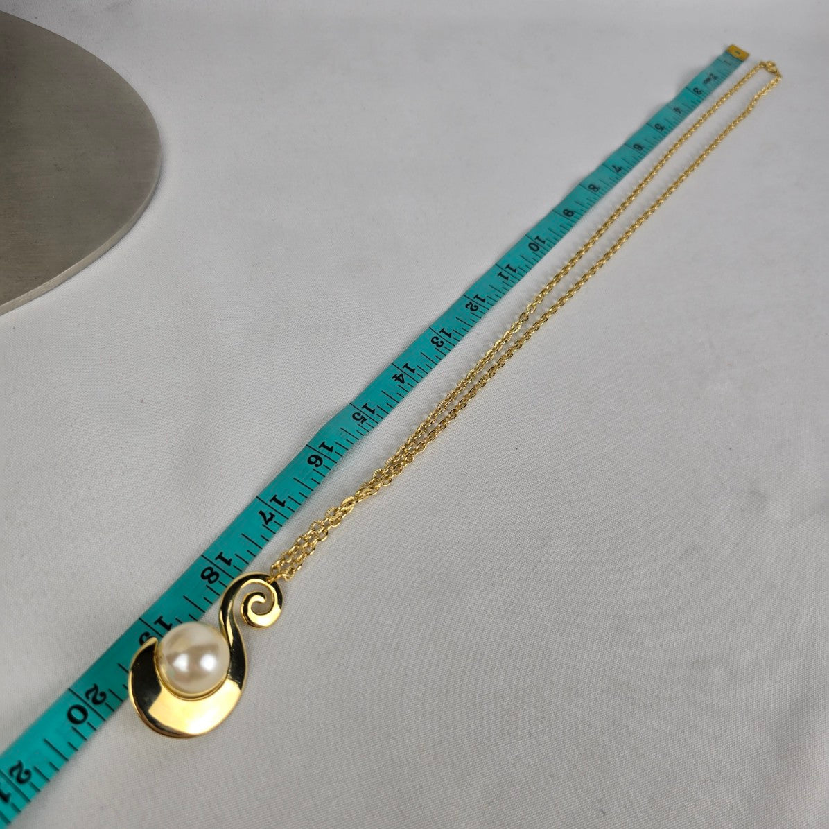 Vintage Gold Tone S Initial Faux Pearl Pendant Long Necklace