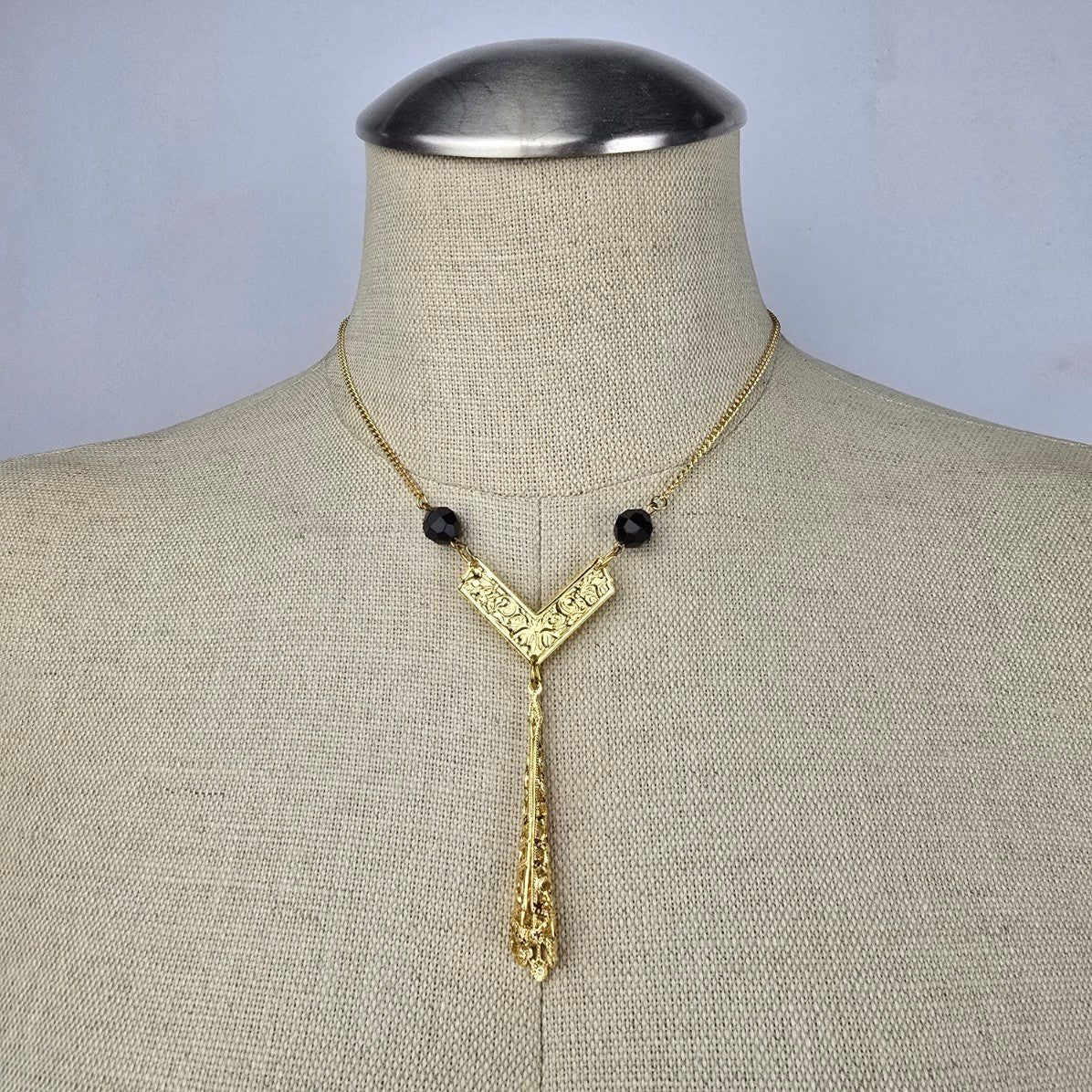 Vintage Gold Tone Black Beaded Y Necklace & Earring Set