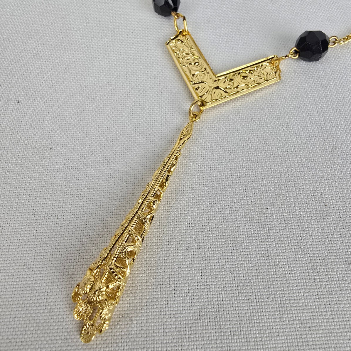 Vintage Gold Tone Black Beaded Y Necklace & Earring Set