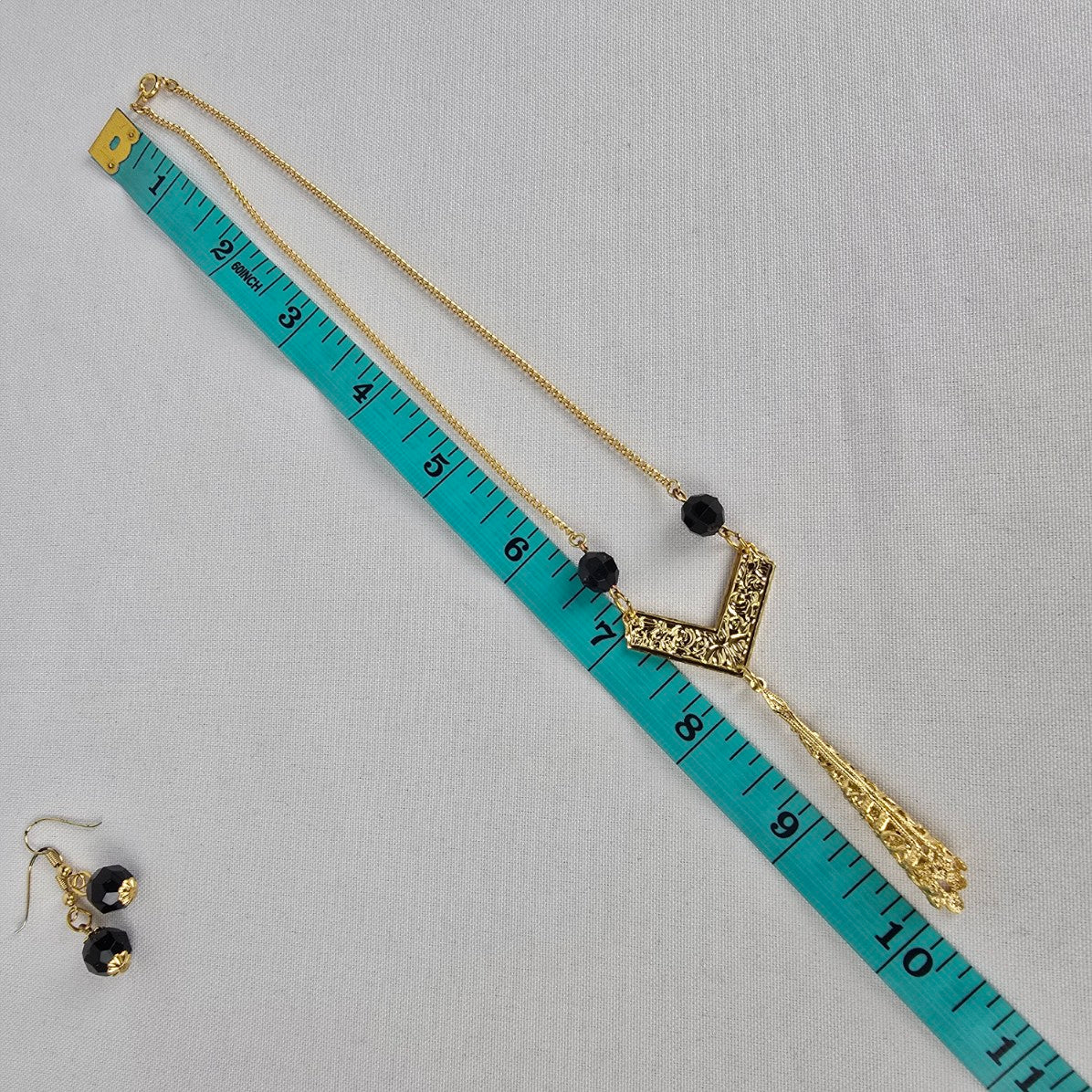 Vintage Gold Tone Black Beaded Y Necklace & Earring Set