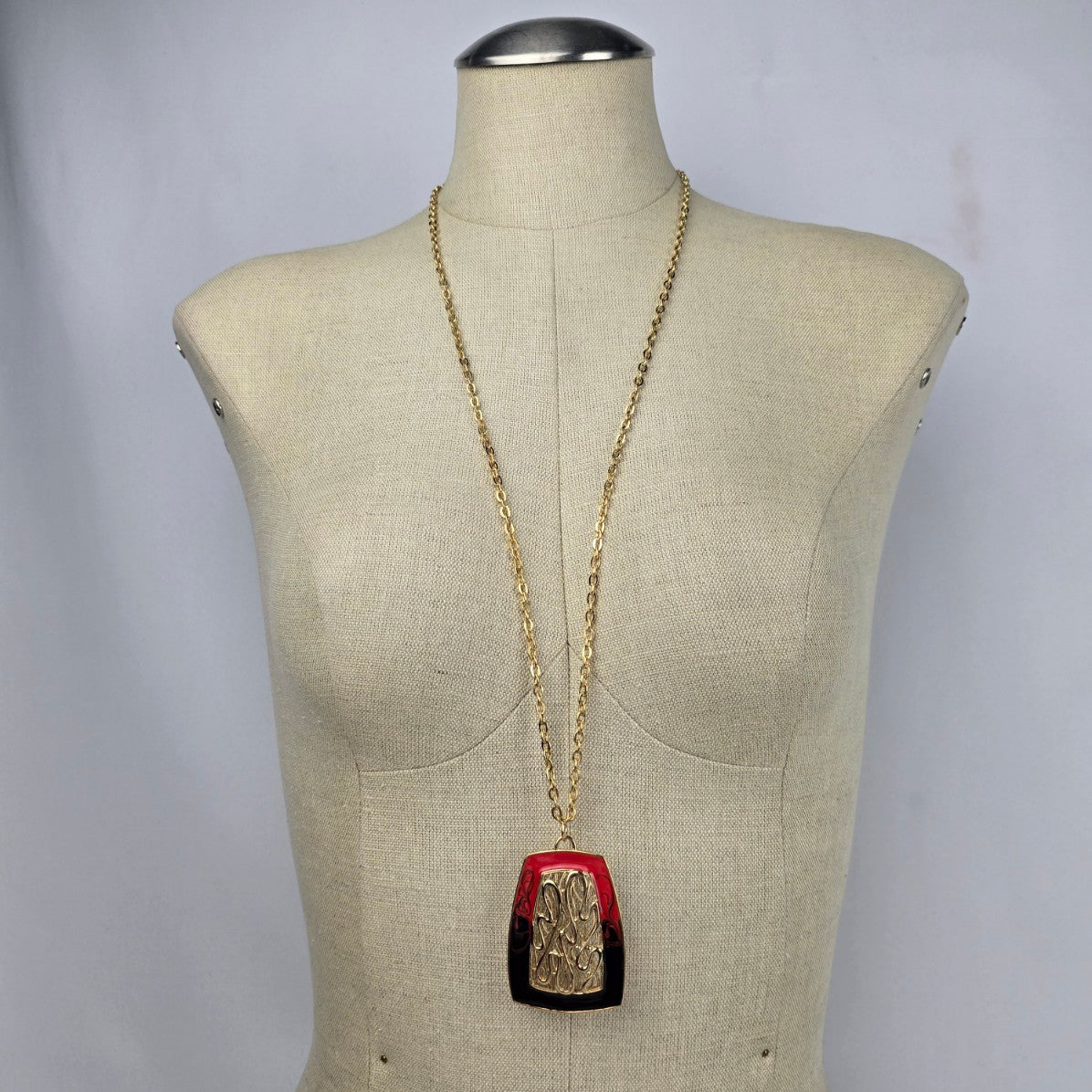 Vintage Gold Tone Red Pendant Long Necklace