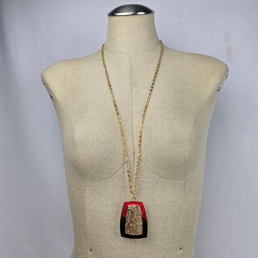 Vintage Gold Tone Red Pendant Long Necklace