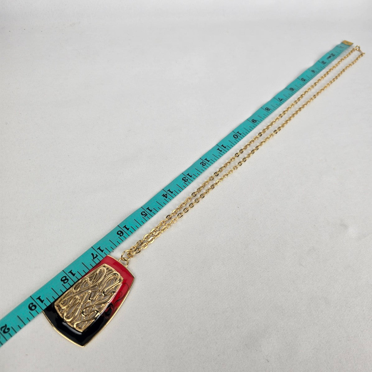 Vintage Gold Tone Red Pendant Long Necklace