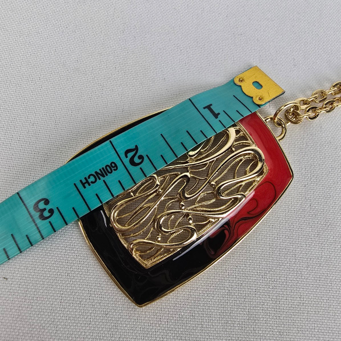Vintage Gold Tone Red Pendant Long Necklace