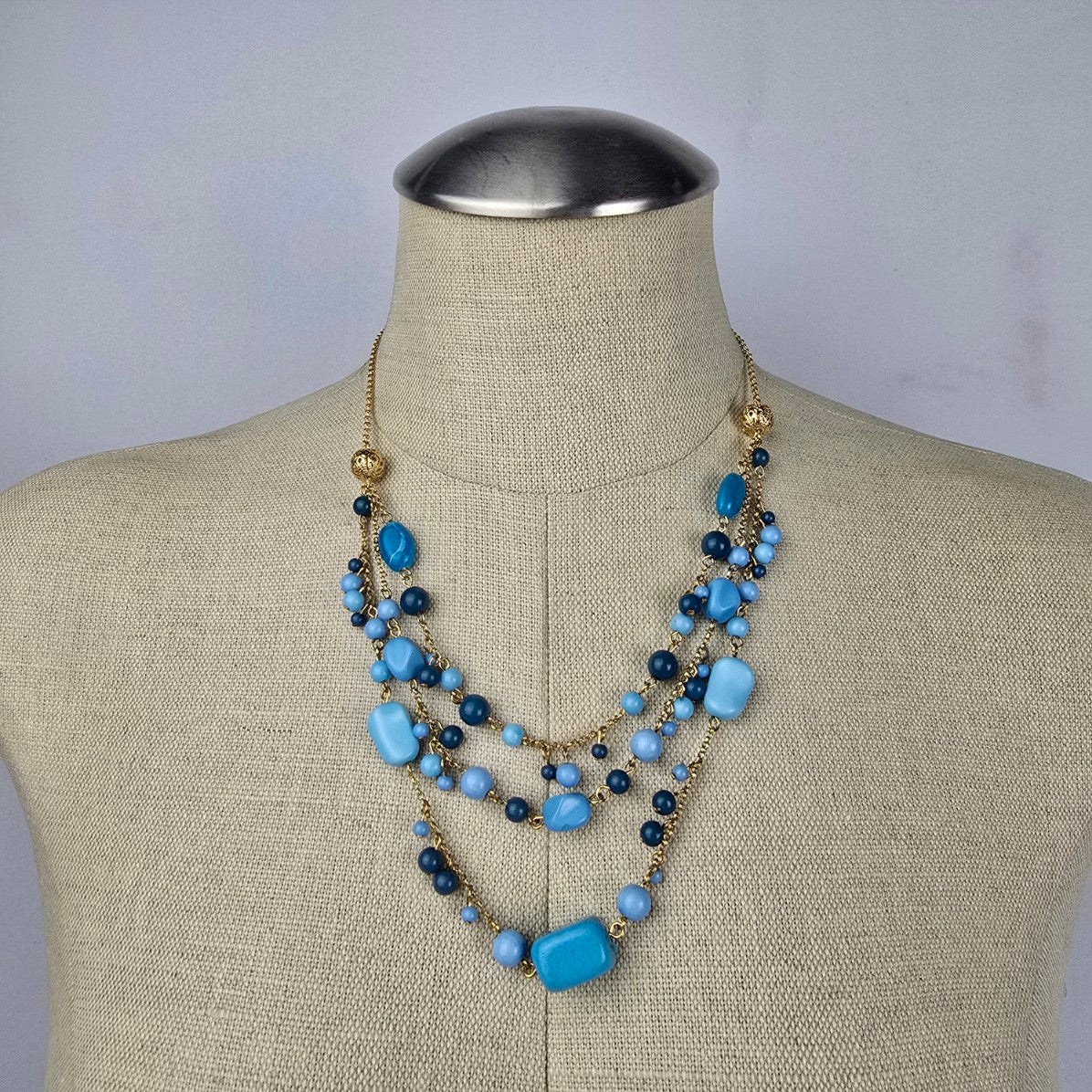 Vintage Avon Gold Tone Blue Beaded Layered Necklace & Earring Set