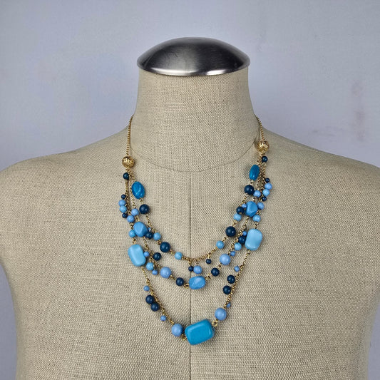Vintage Avon Gold Tone Blue Beaded Layered Necklace & Earring Set