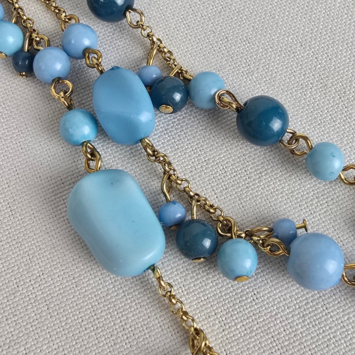 Vintage Avon Gold Tone Blue Beaded Layered Necklace & Earring Set