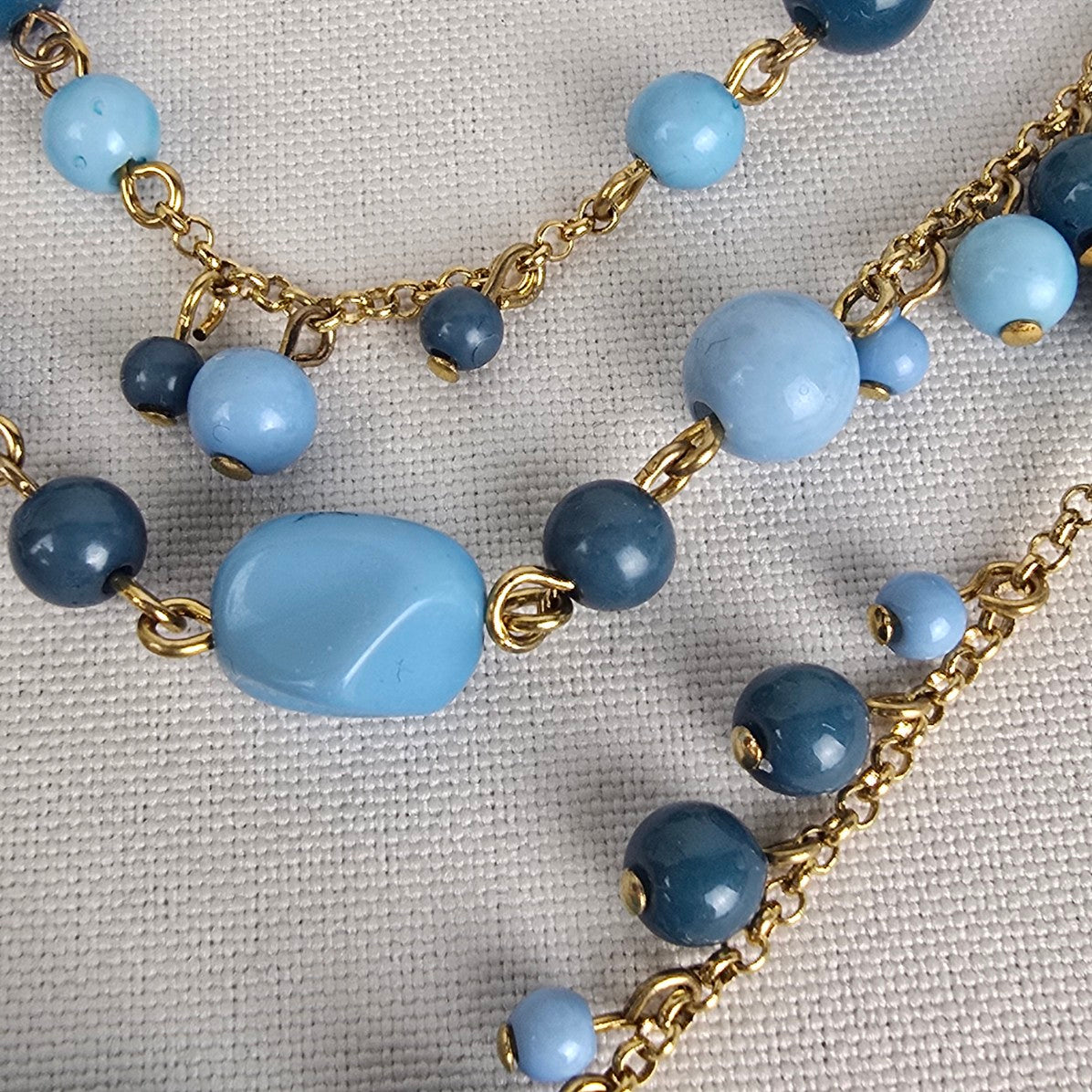 Vintage Avon Gold Tone Blue Beaded Layered Necklace & Earring Set