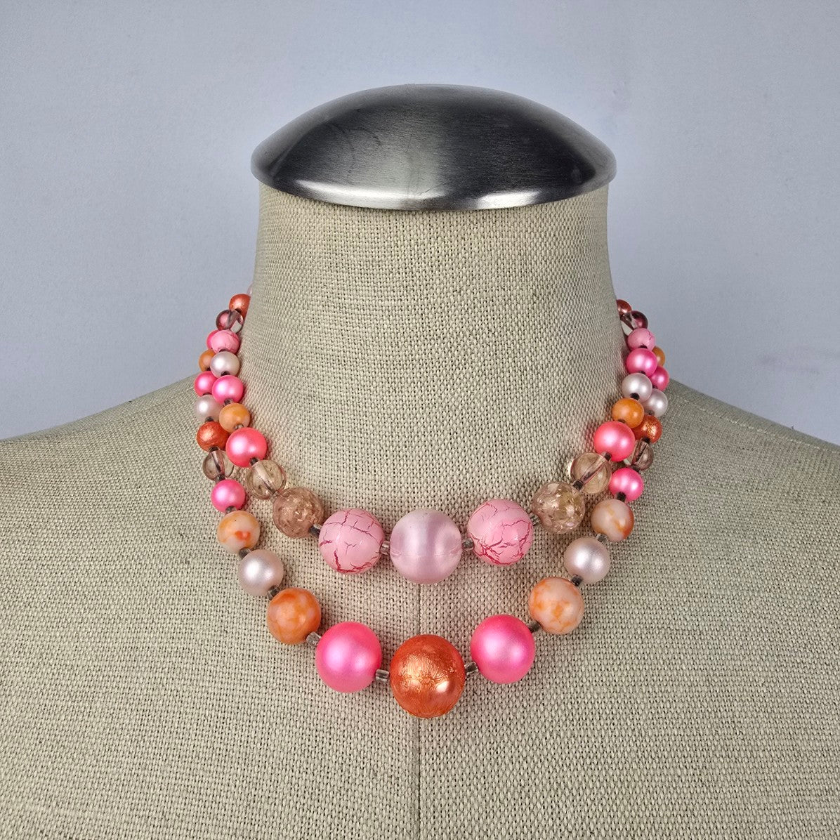 Vintage Japan Pink & Orange Layered Beaded Necklace & Clip On Earrings Set