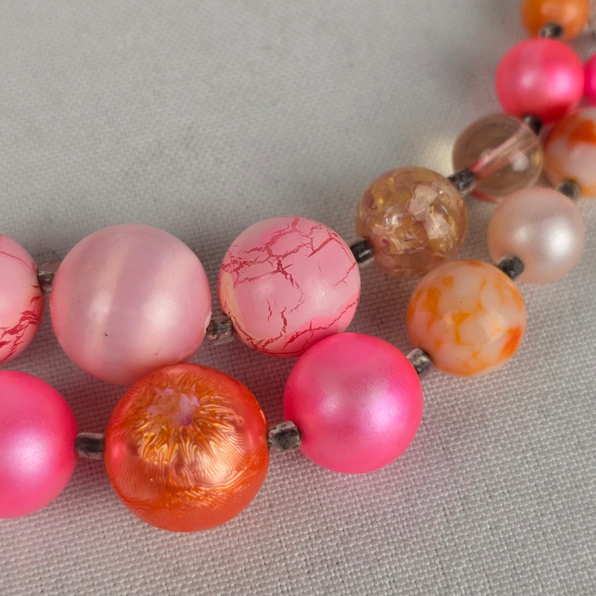 Vintage Japan Pink & Orange Layered Beaded Necklace & Clip On Earrings Set