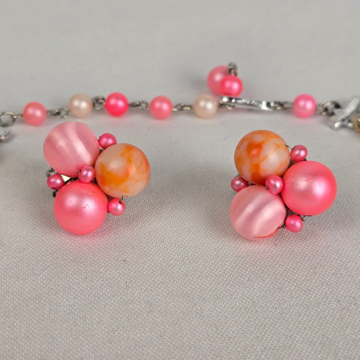 Vintage Japan Pink & Orange Layered Beaded Necklace & Clip On Earrings Set