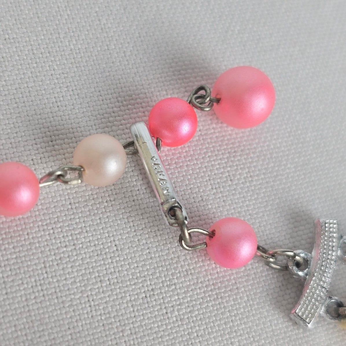Vintage Japan Pink & Orange Layered Beaded Necklace & Clip On Earrings Set